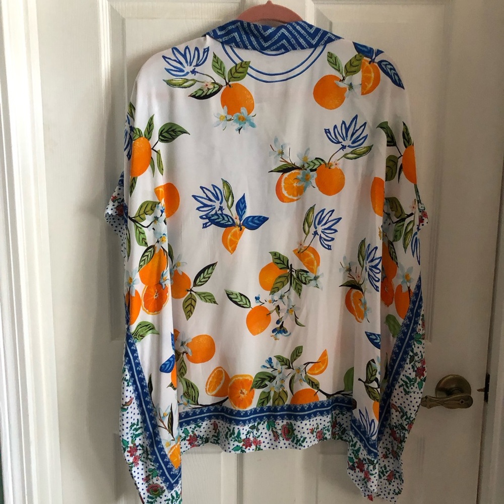 John Mark blouse tunic citrus oranges fruit flowy relaxed white base blue collar - Picture 7 of 12
